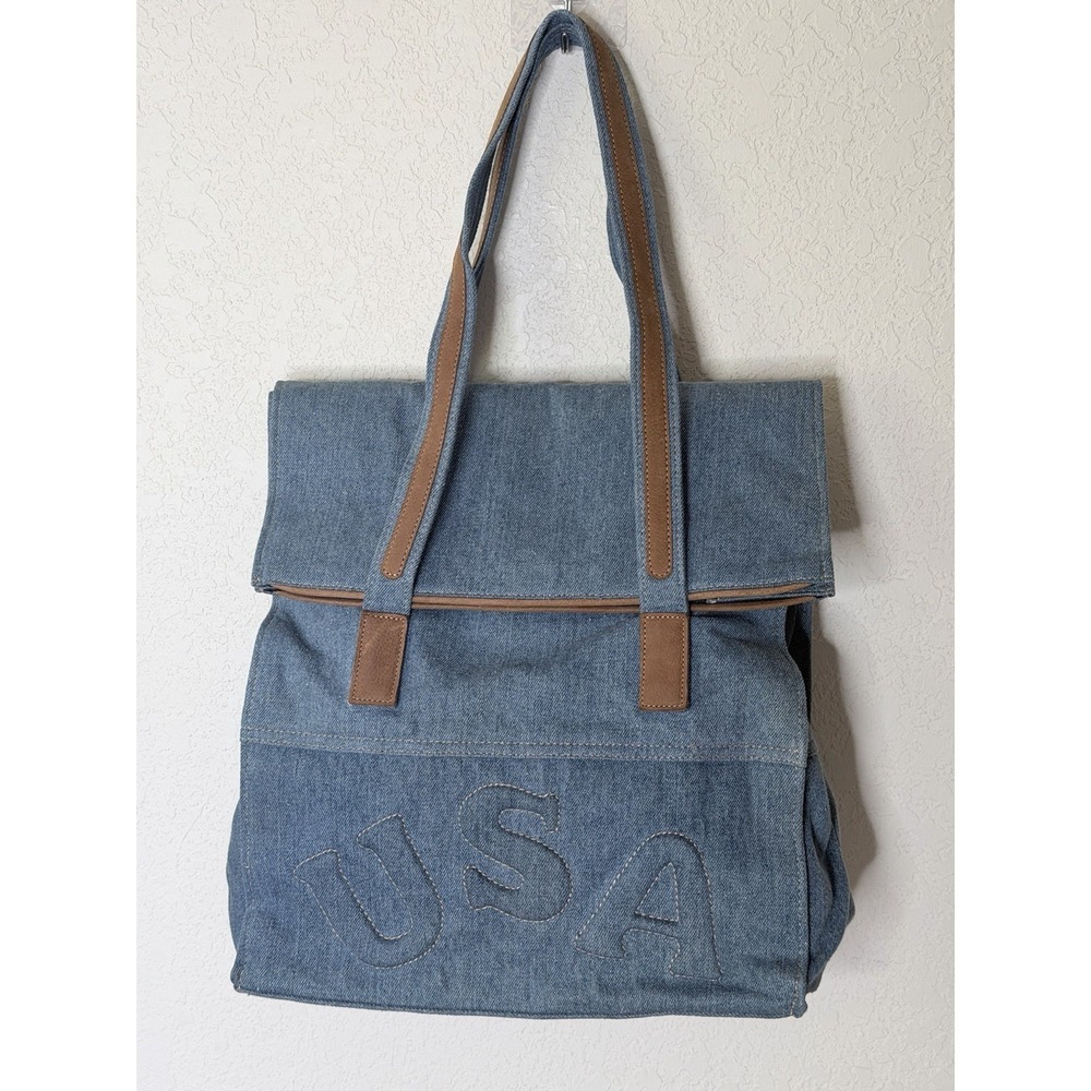USA Denim Leather Trim Tote Blue Shoulder Bag Large Foldable Le‎ Voar Purse
